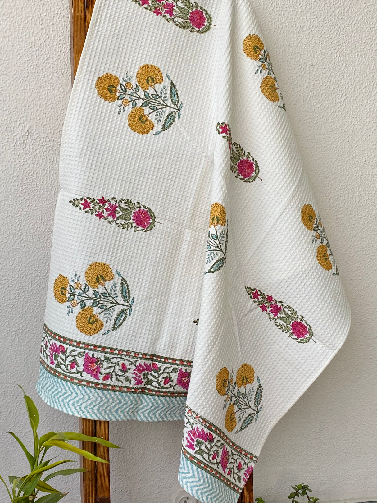 Marigold Blockprint Cotton Towel- Waffle Weave