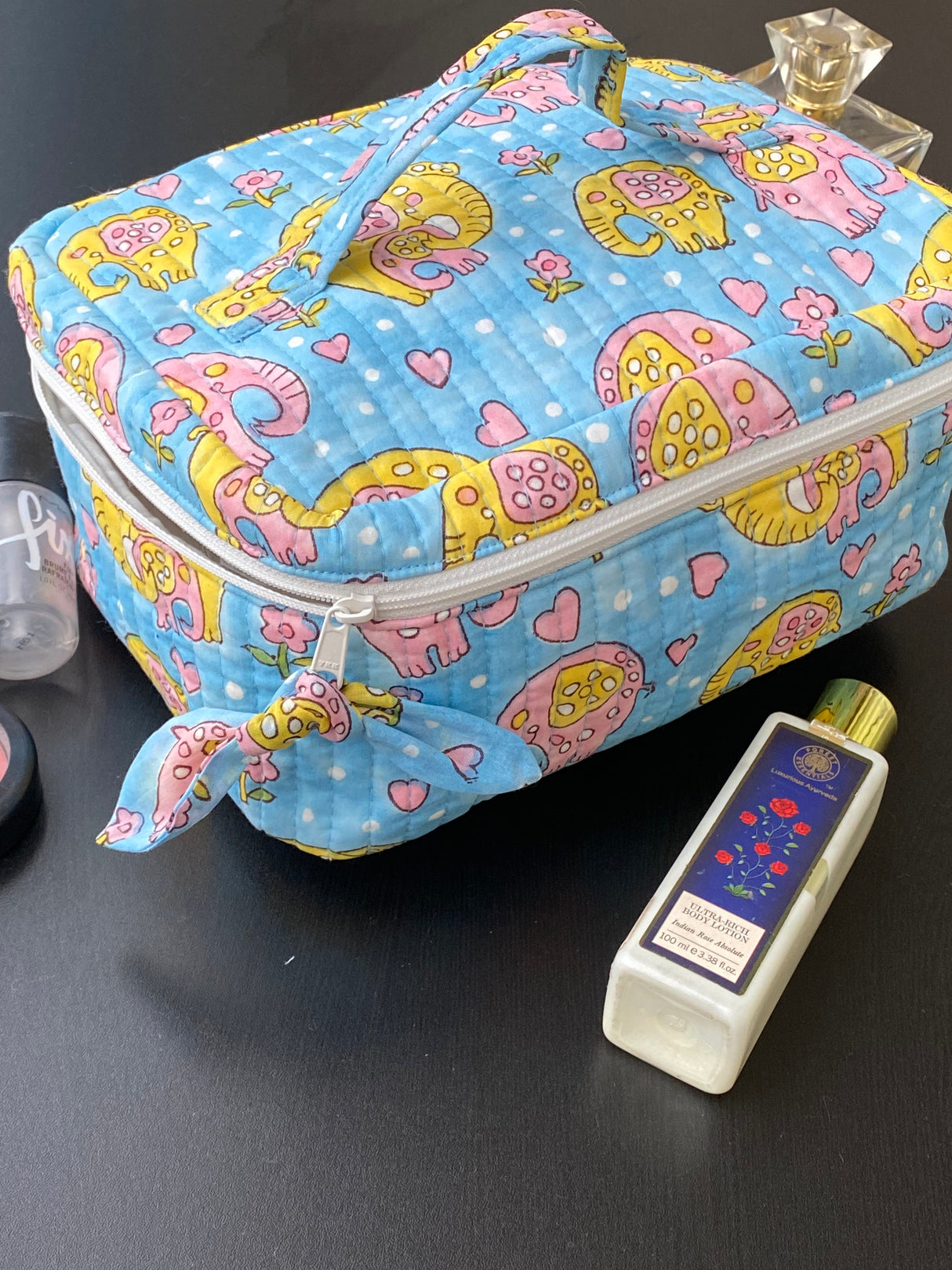 Elephant Block Print Makeup Pouch | Quilted Cotton Organizer