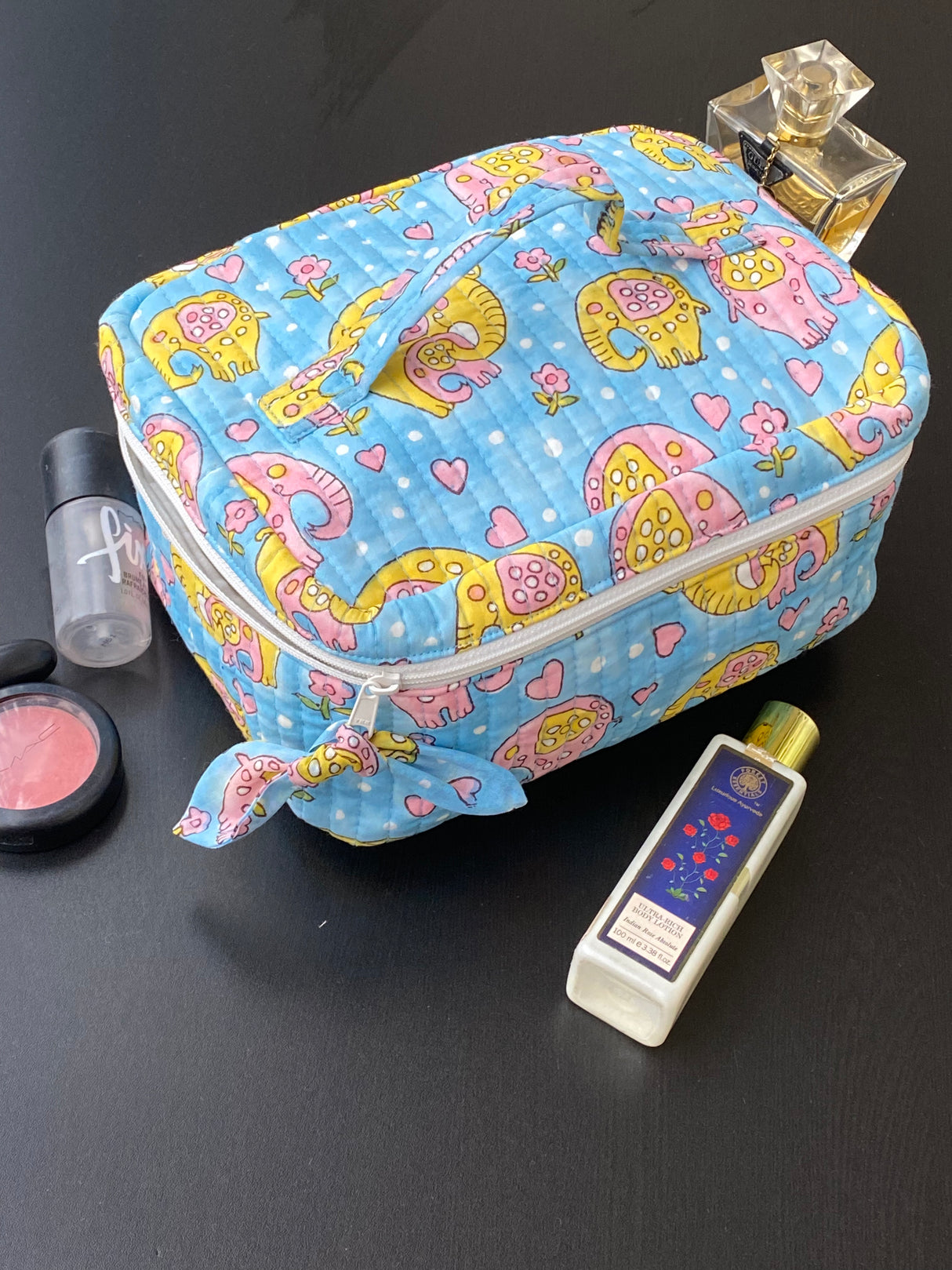 Elephant Block Print Makeup Pouch | Quilted Cotton Organizer
