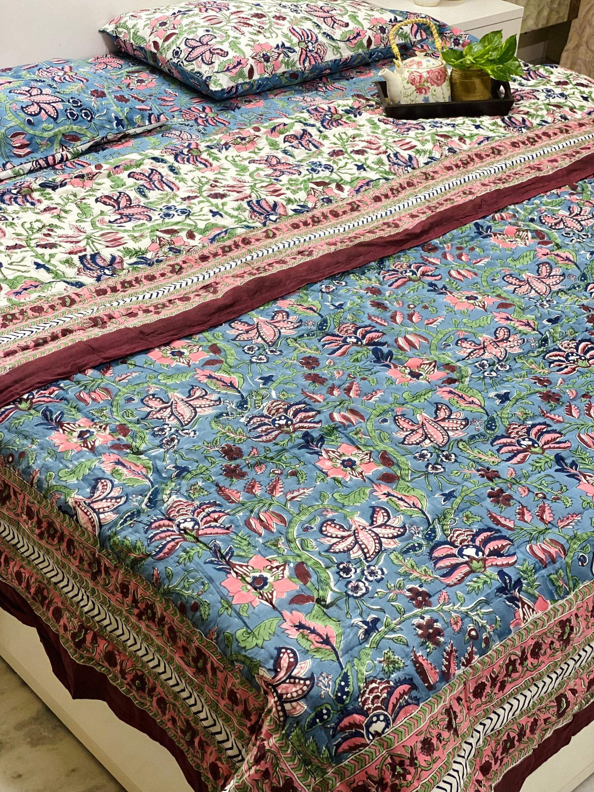Blue Blossom Blockprint Bedsheet & Quilt Set