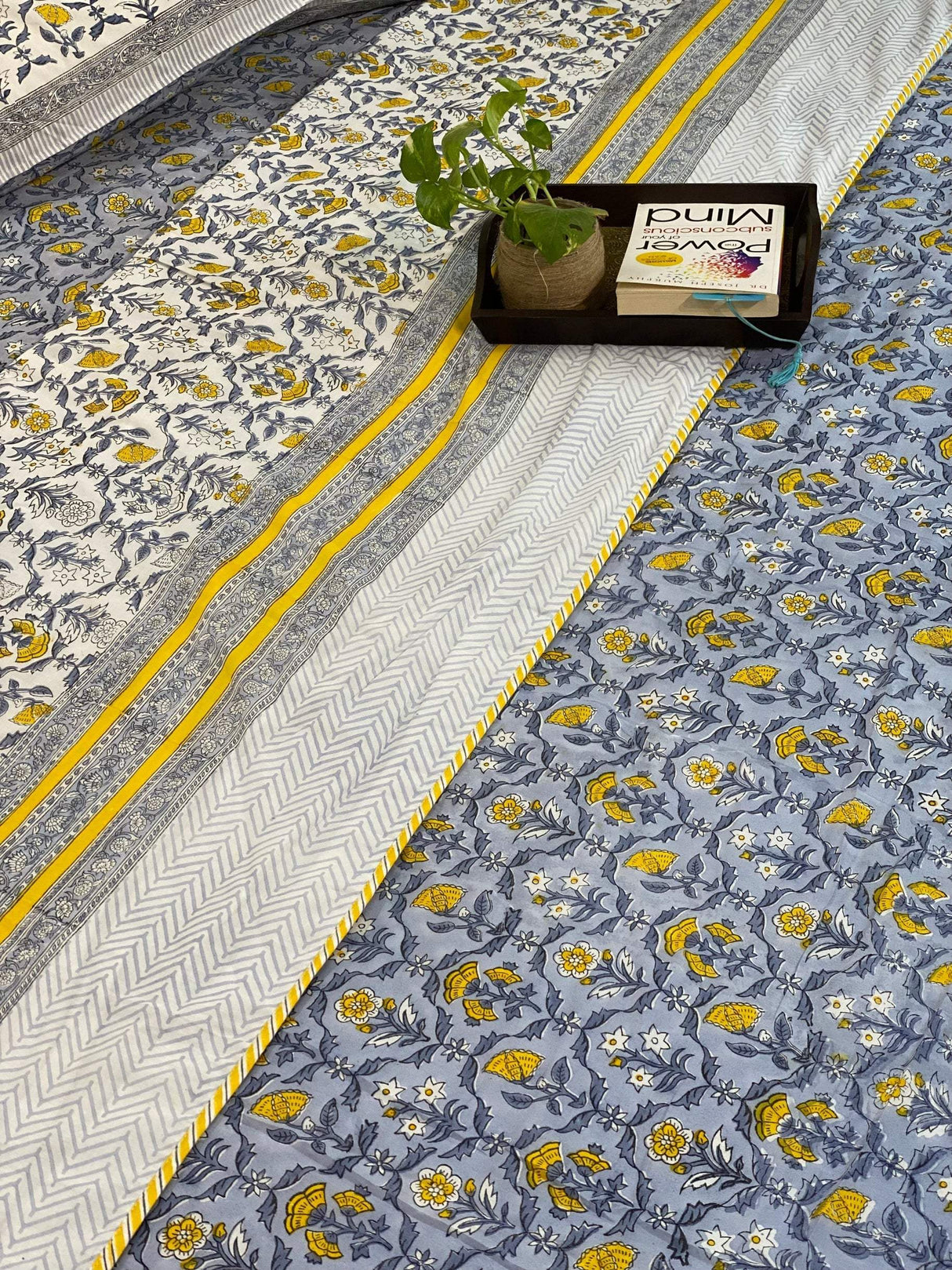 Yellow Floral Print Bedsheet & Dohar Set on Grey Base