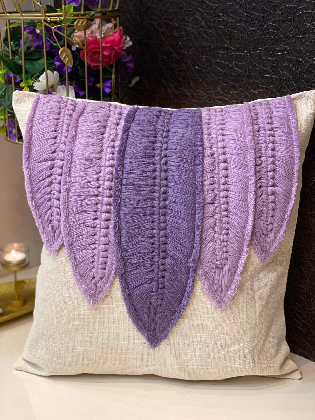 Embellished 5 feathers Cushion Cover- 18*18 inches