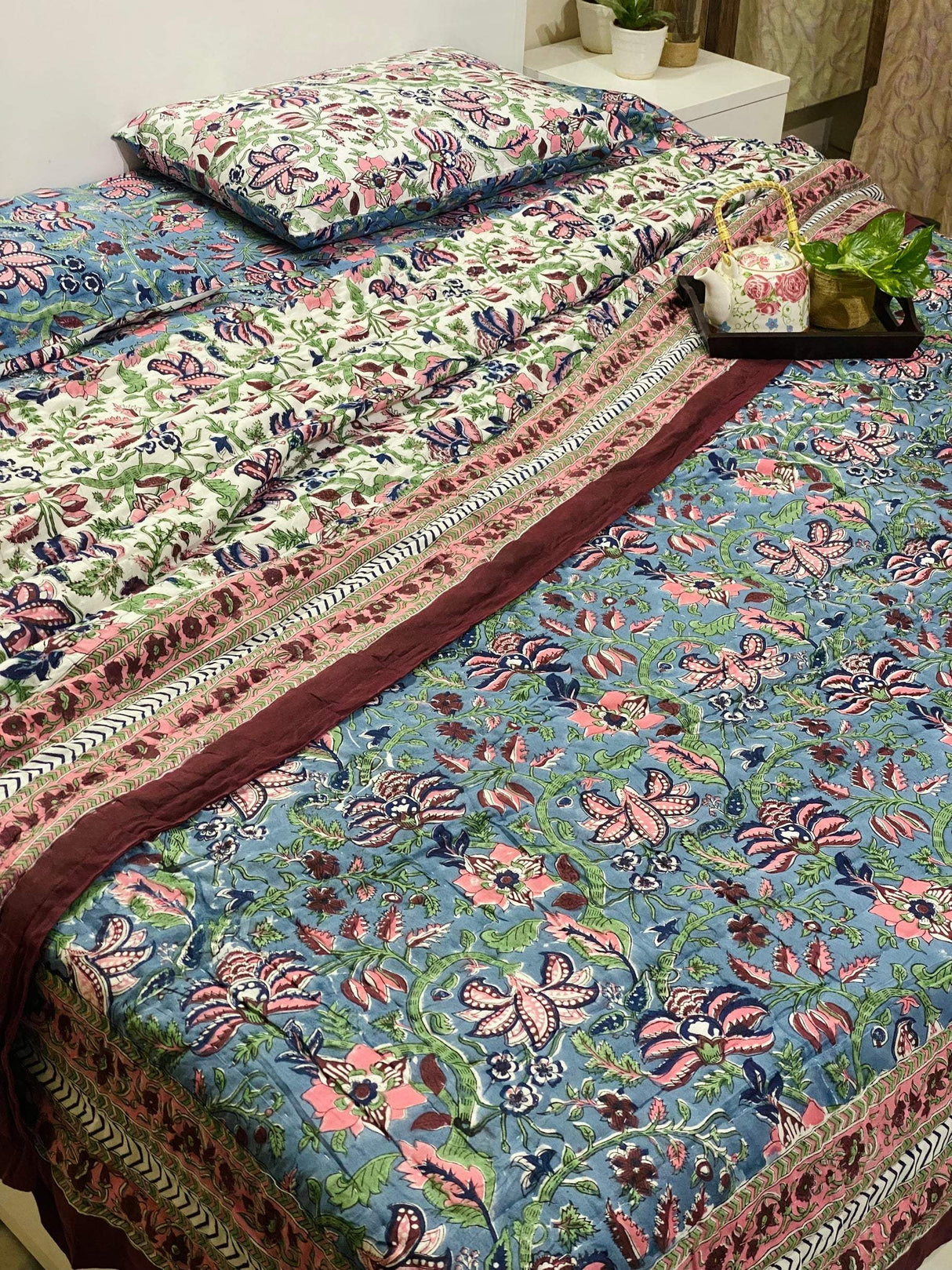 Blue Blossom Blockprint Bedsheet & Quilt Set