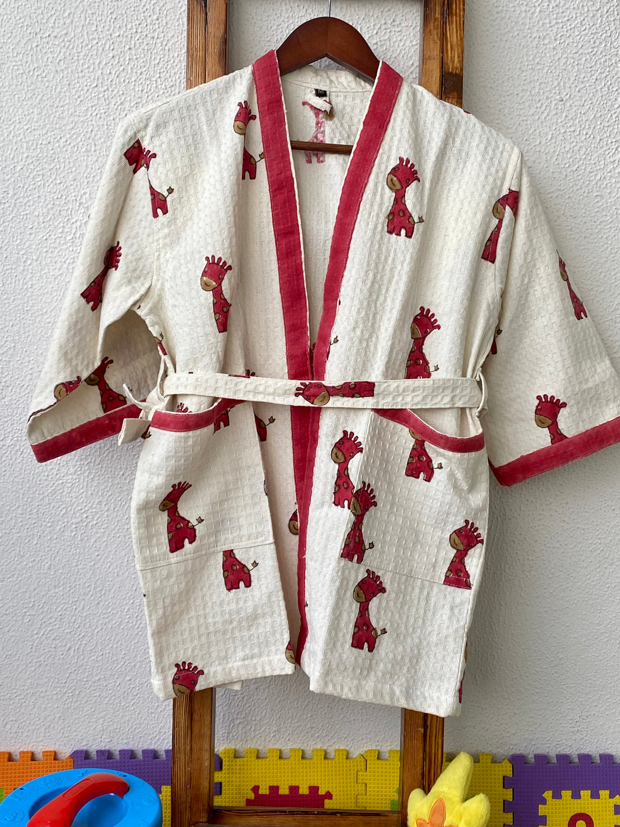 Personalized kids bathrobe in waffle cotton with handblock animal prints perfect for return gift hampers and global reselling