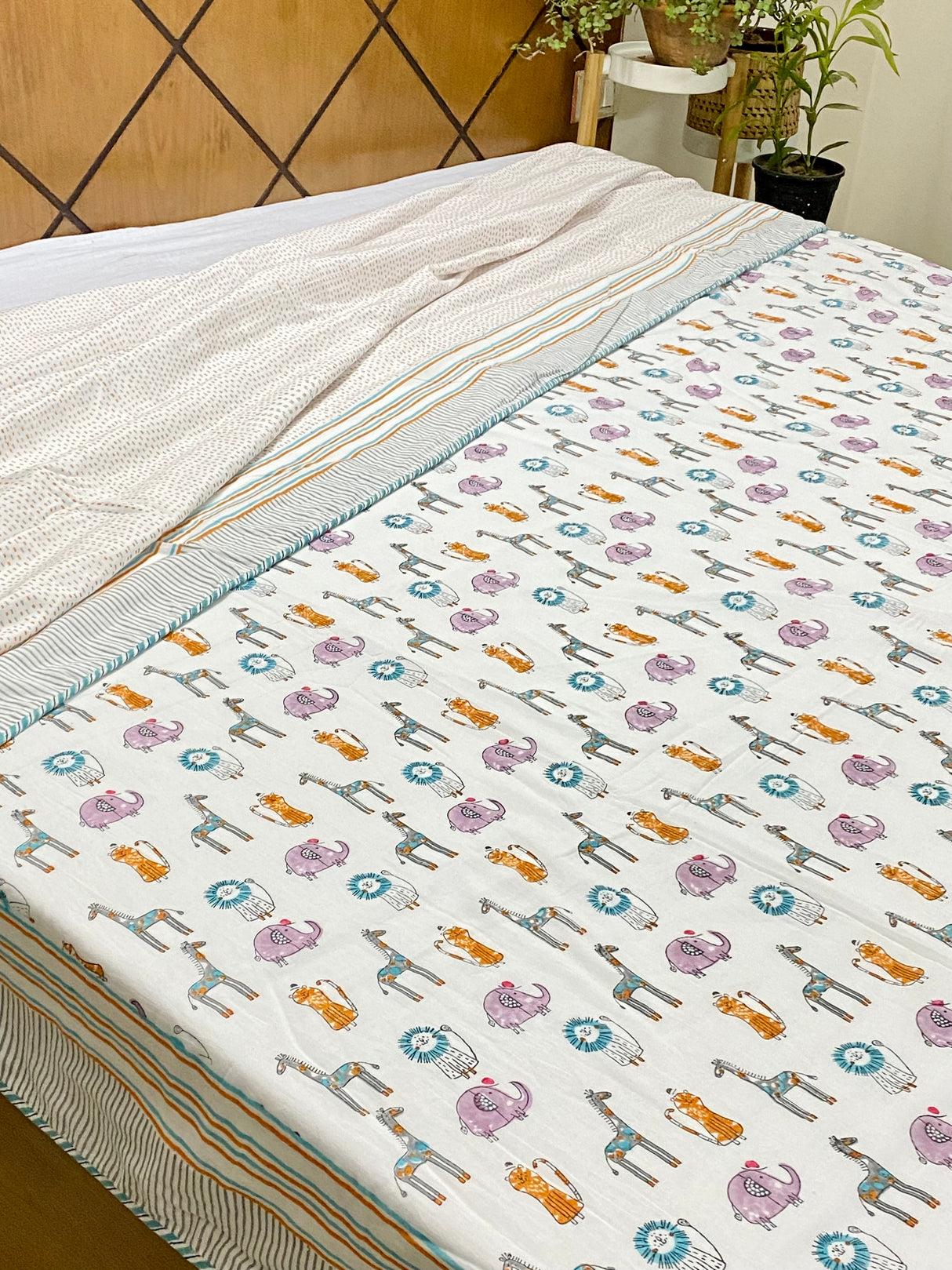 soft mulmul cotton baby blanket with flannel animal theme handblock print
