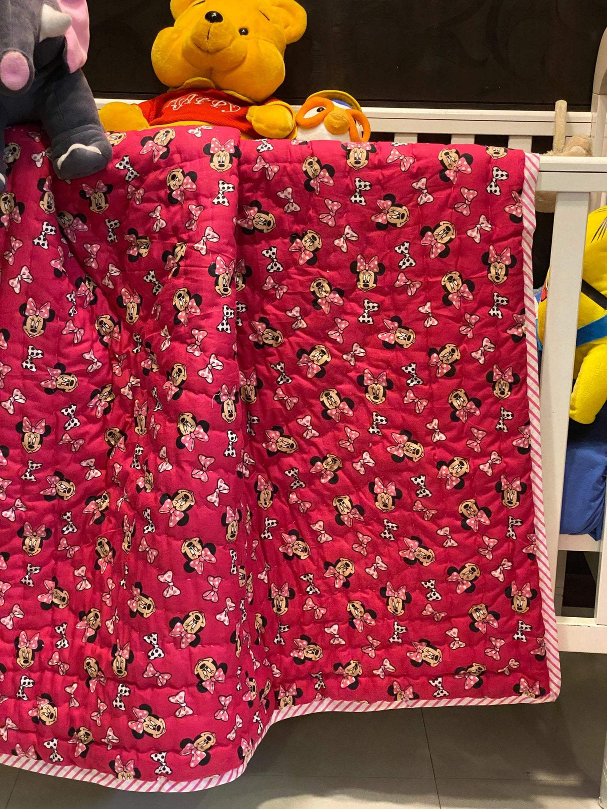 hand block printed minnie mouse baby quilt for girls crafted in Jaipur and sold as return favors for kids’ birthdays in India and global markets