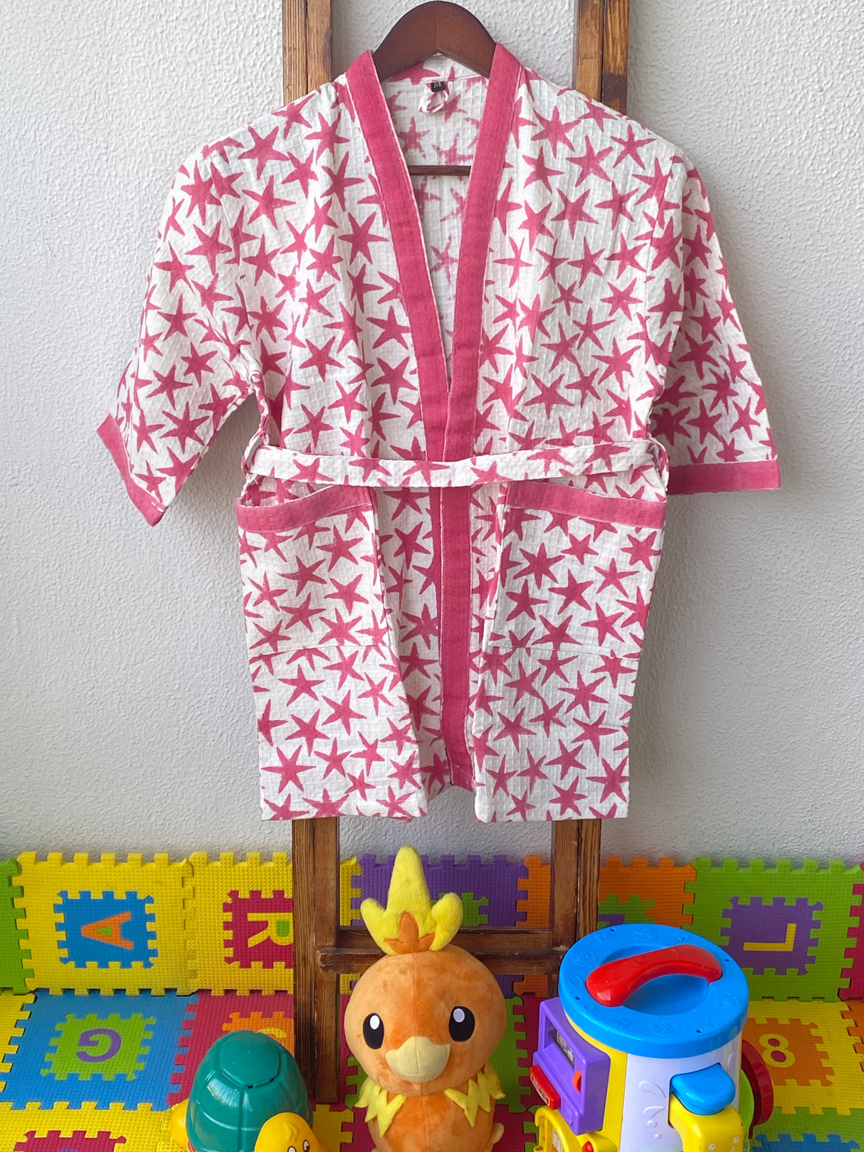 pink stars waffle bathrobe for girls with custom embroidery great for birthday return gifts playdate essentials and international resellers