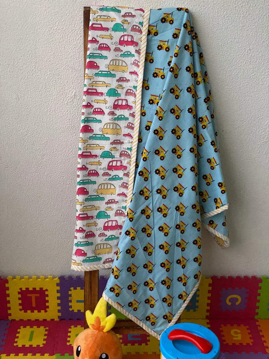 cute nursery car print on one side tractor print on other side dohar