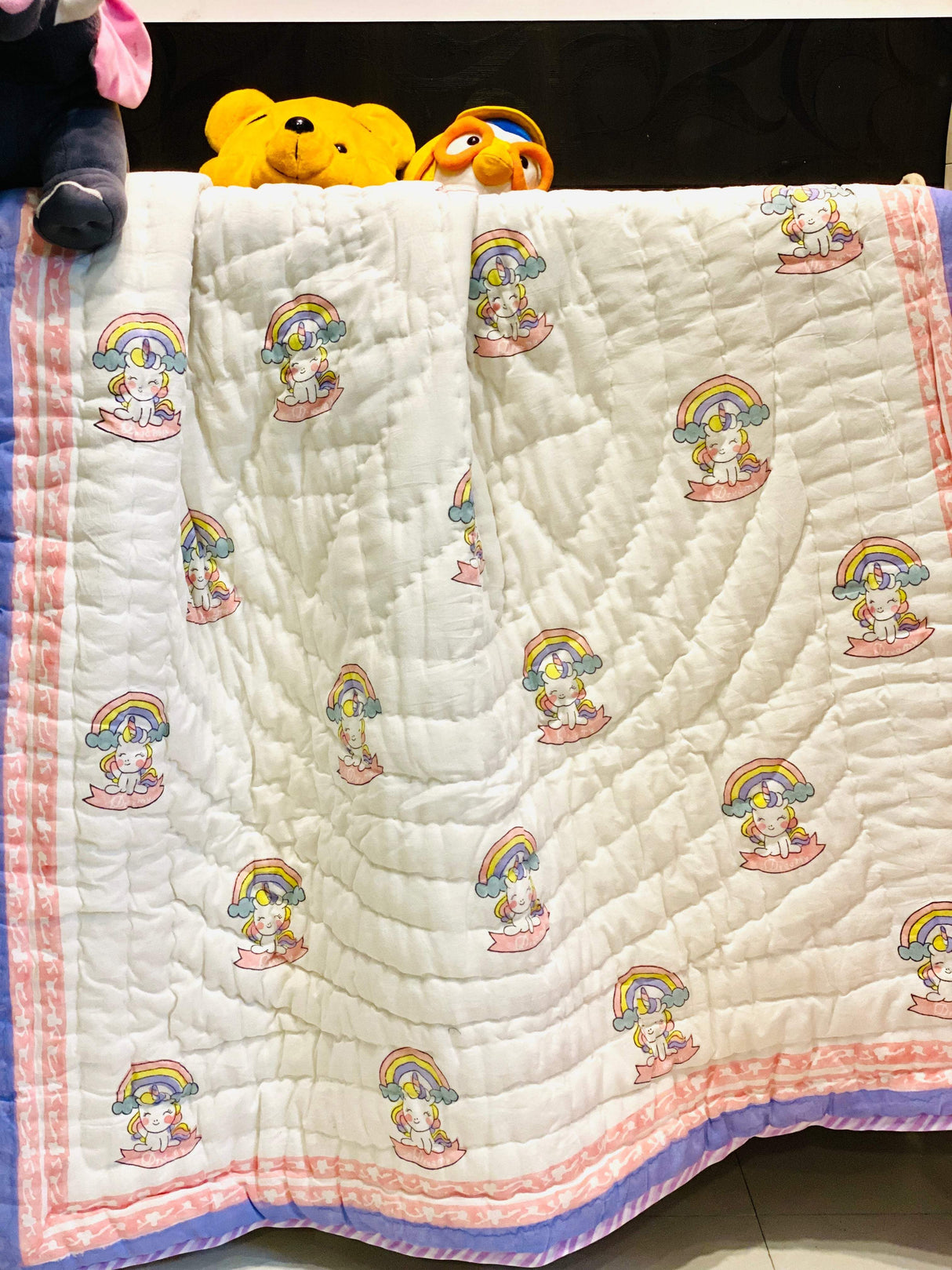 hand block printed unicorn quilt for kids made of breathable mulmul and cotton filling