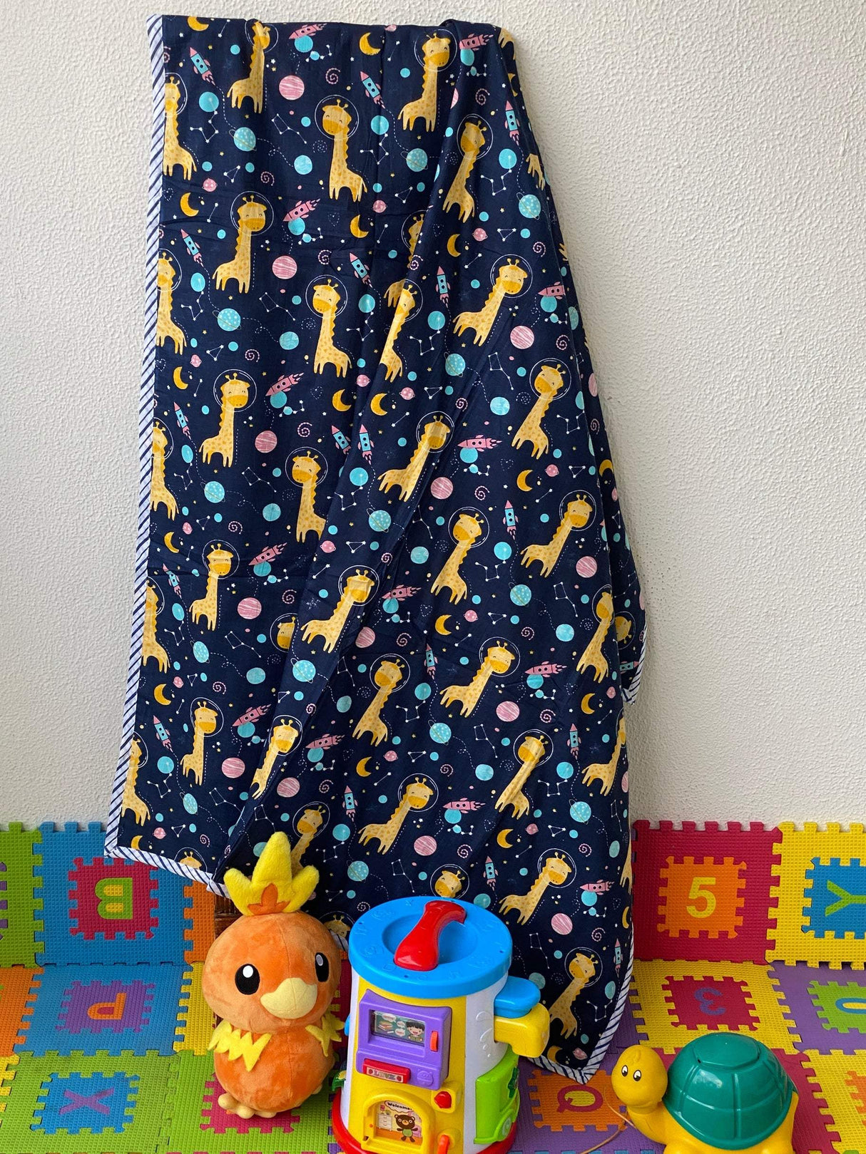 kids giraffe dohar blue base reversible flannel inside jaipur