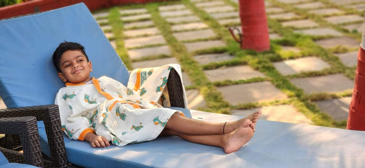 block printed waffle cotton bathrobe for kids with name embroidery suitable for resellers and bulk return gifts in South Korea and Ireland