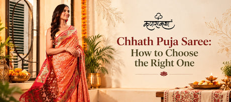 Woman wearing an orange-red traditional saree with intricate prints in a festive Chhath Puja banner.
