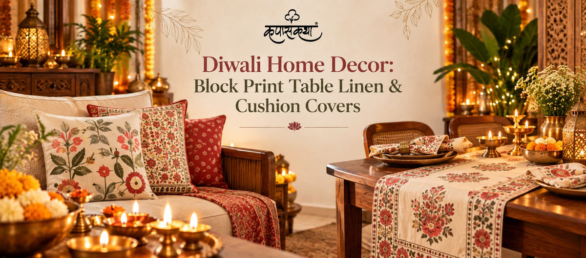 Diwali home decor with block print table linen and cushion covers