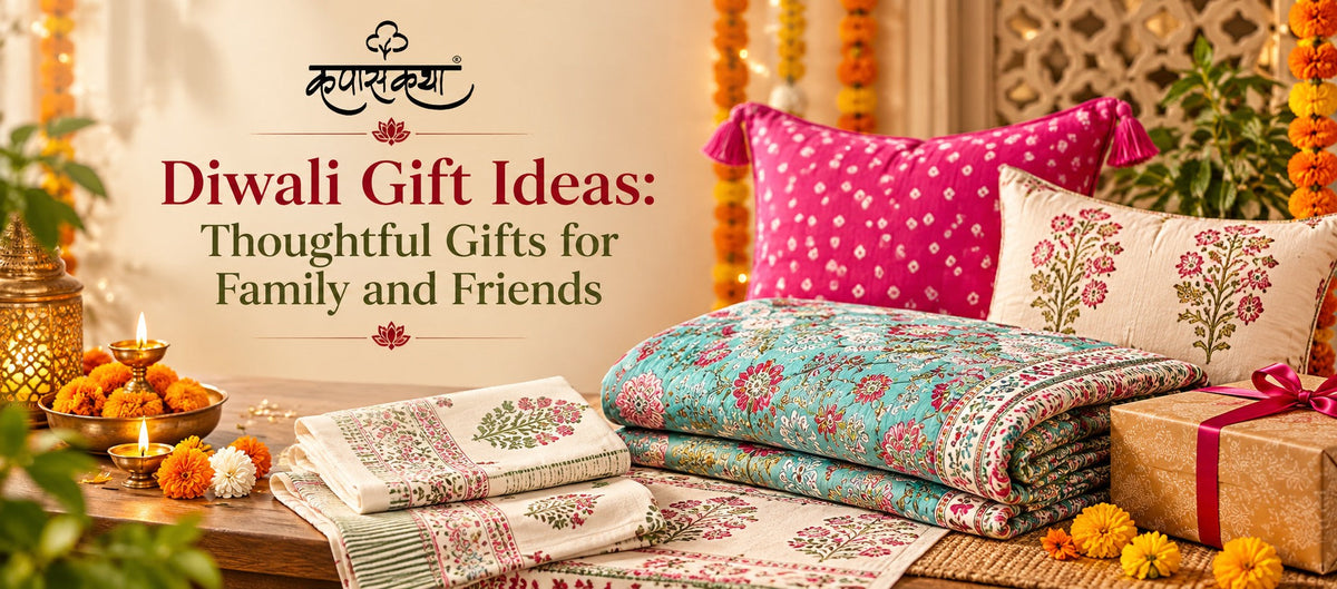 Diwali gift ideas with hand block printed quilts cushion covers and table linen by Kapaas Katha