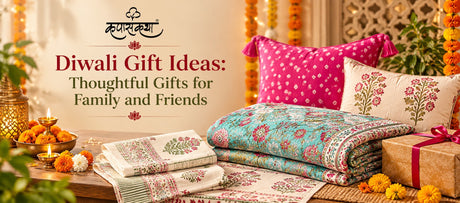 Diwali gift ideas with hand block printed quilts cushion covers and table linen by Kapaas Katha