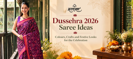 Dussehra 2026 saree ideas banner with a woman in a purple Bandhani saree and festive floral decor