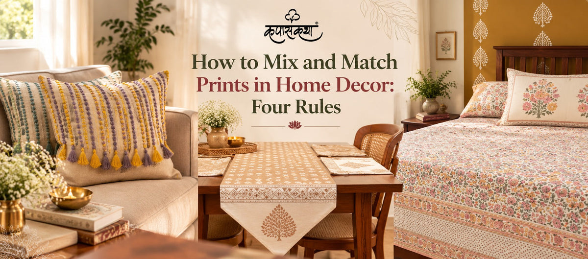 Mix and match prints in home decor with patterned cushions, table linen and floral block print bedding by Kapaas Katha