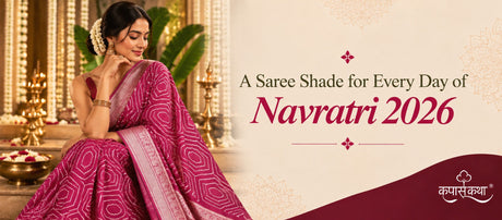 Woman wearing a magenta Bandhani saree for Navratri 2026