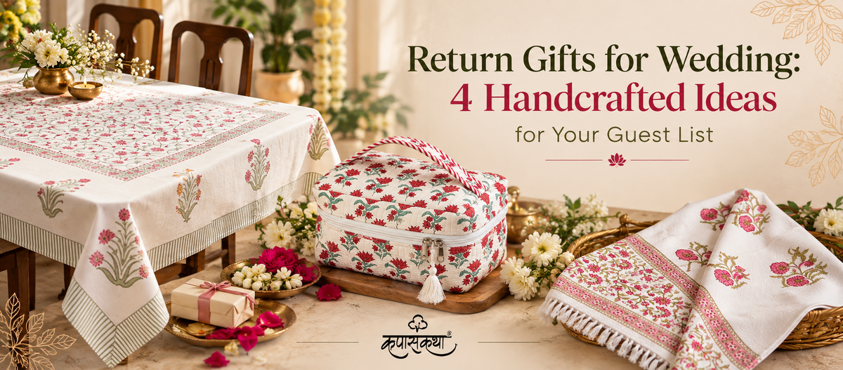 Handcrafted wedding return gift ideas with floral table linen, cotton vanity bag and block printed bath linen by Kapaas Katha
