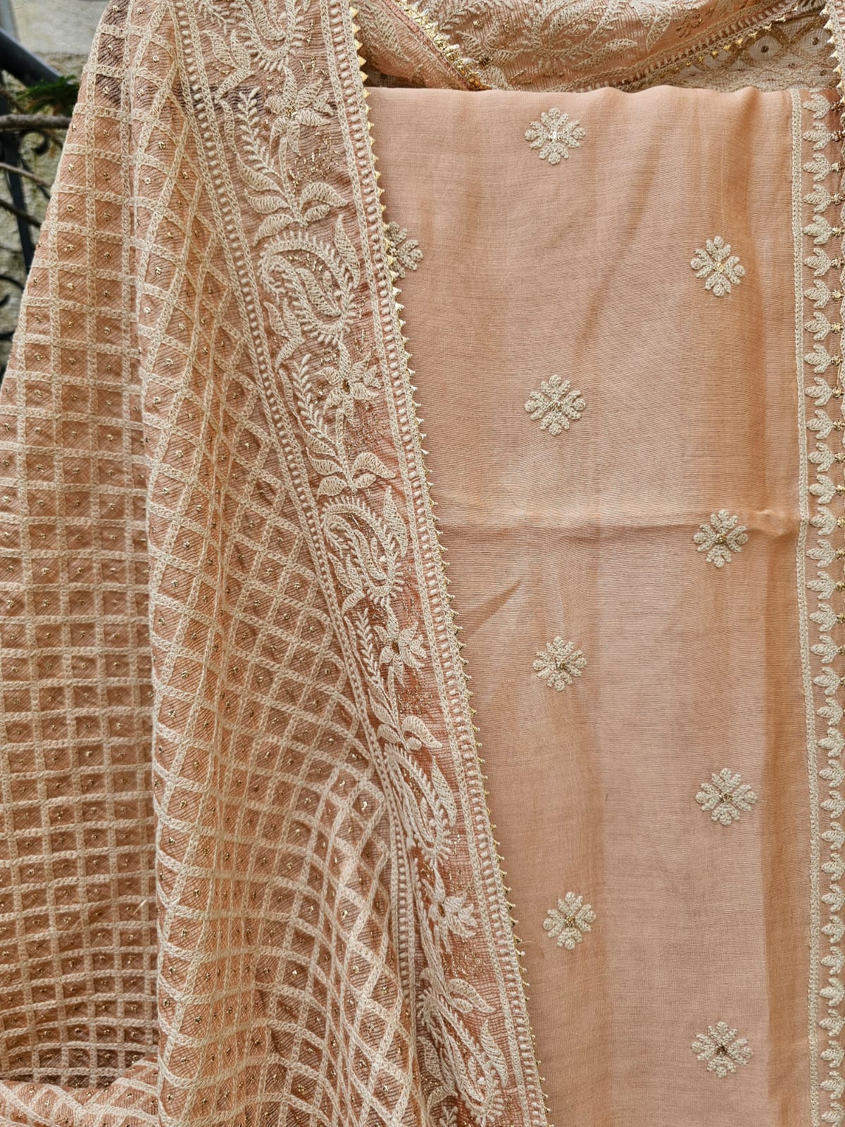 3 Piece Chanderi mulmul Unstitched Suit Set in Shade of Peach