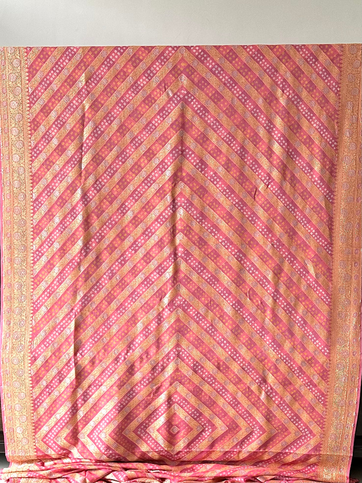 Peach Pure Banarsi Gerogette Bandhani Saree