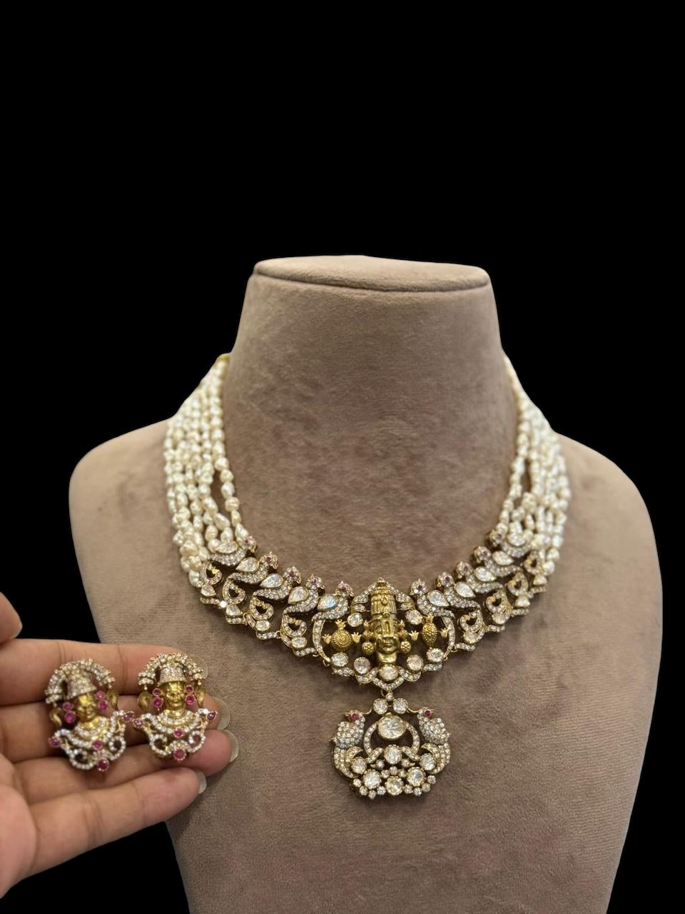 Lord Vishnu Moissanite Polki and Pearl Necklace and Earrings