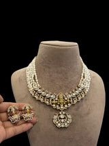 Lord Vishnu Moissanite Polki and Pearl Necklace and Earrings