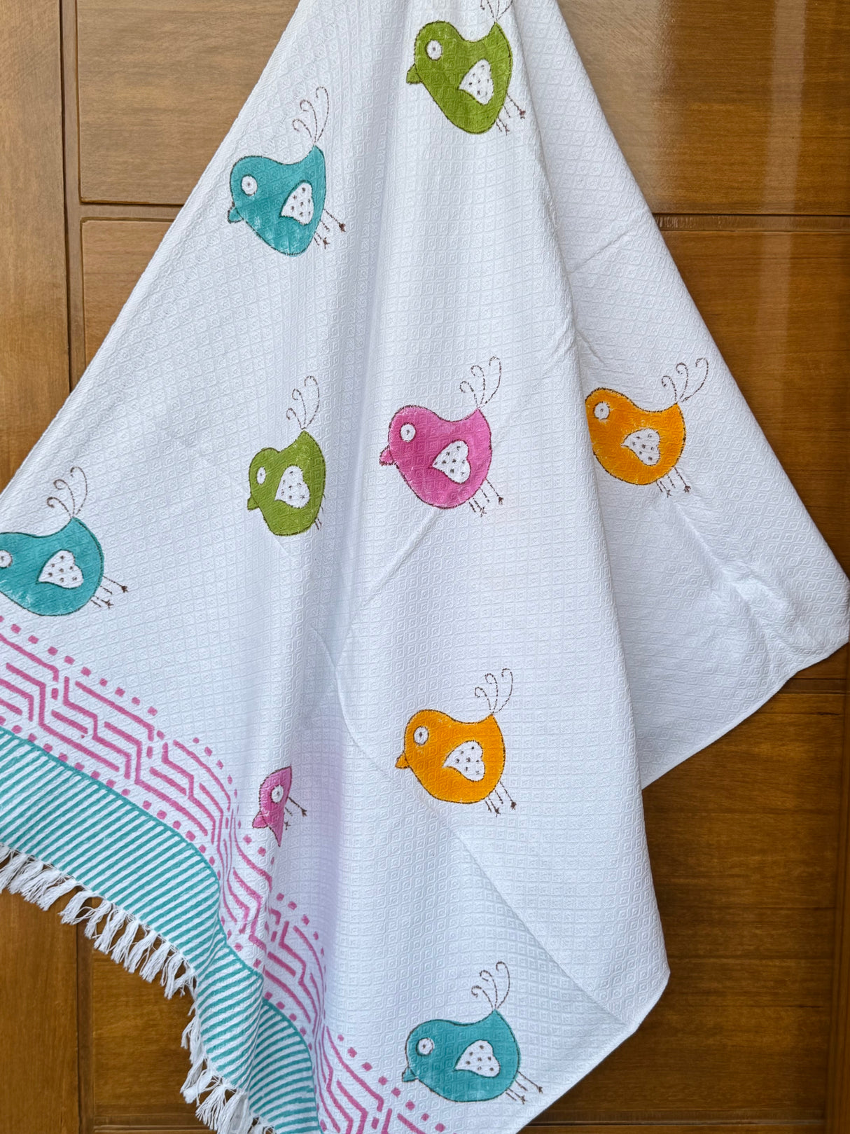 Cute Birds Blockprint Kids Towel – Cotton Jacquard Weave