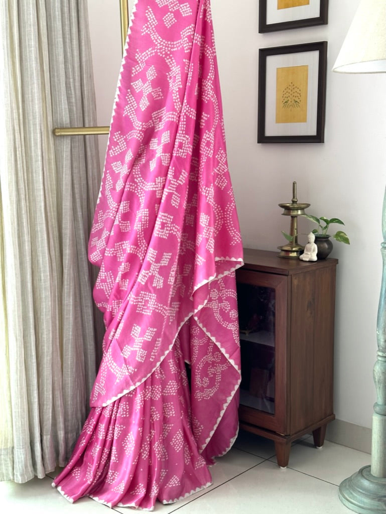 Light Pink Pure Gajji Silk Bandhani Saree