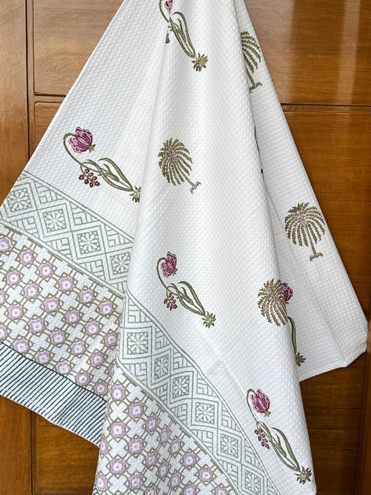 Subtle Floral Blockprint Cotton Towel- Waffle Weave