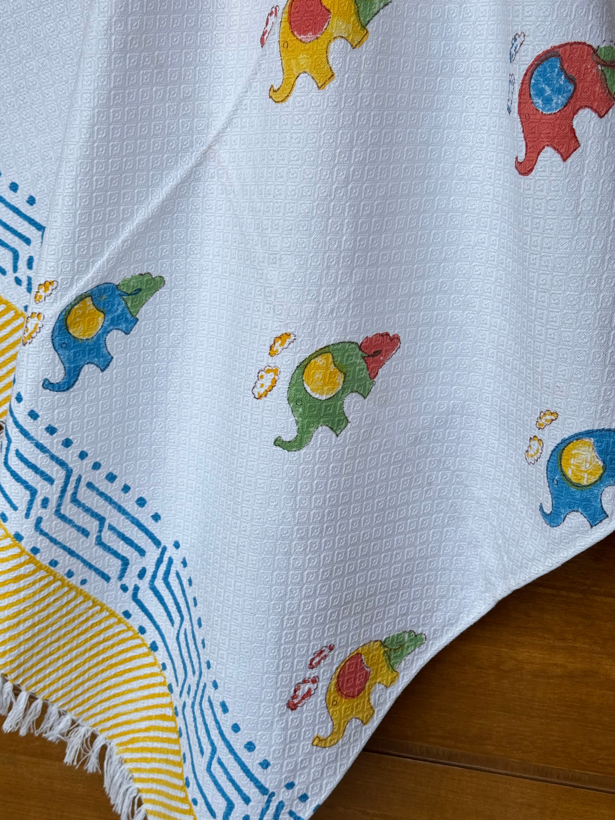 Colorful Elephants Blockprint Kids Towel – Cotton Jacquard Weave