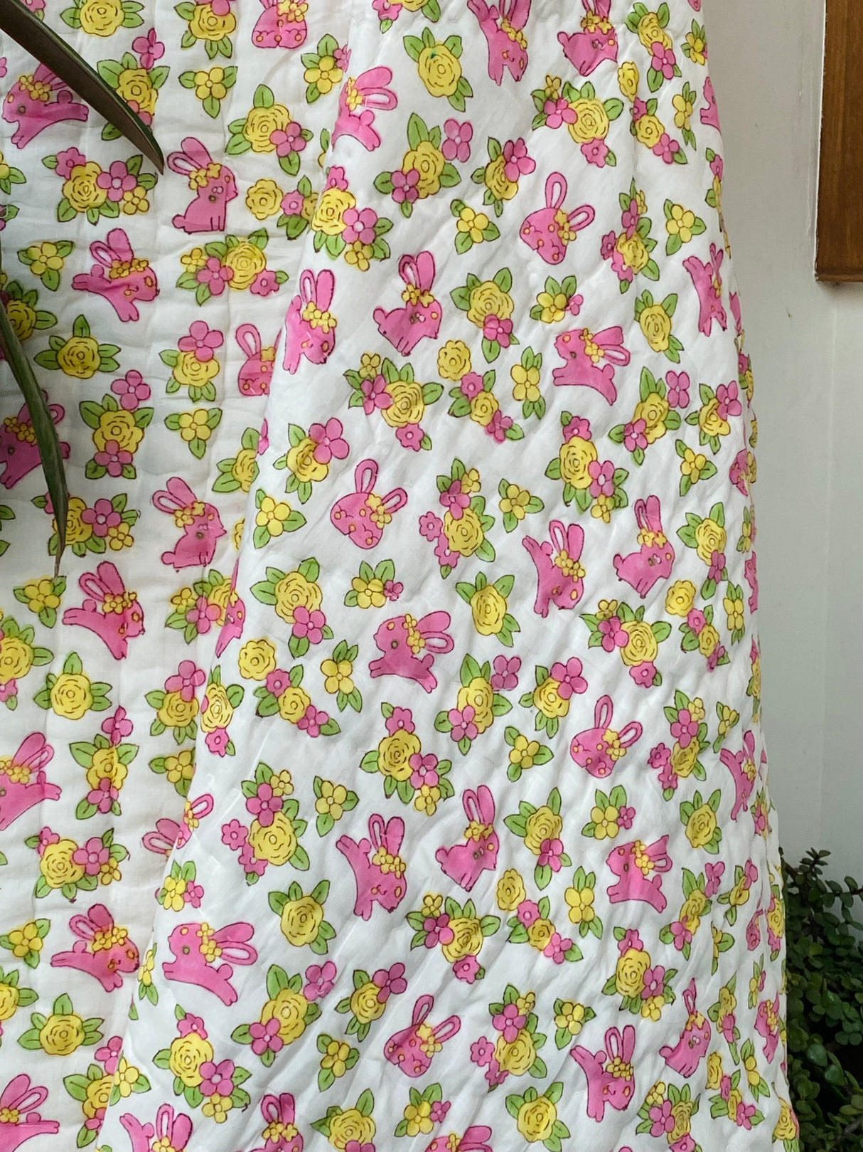 Flowers and Rabbit Blockprint Kids Quilt