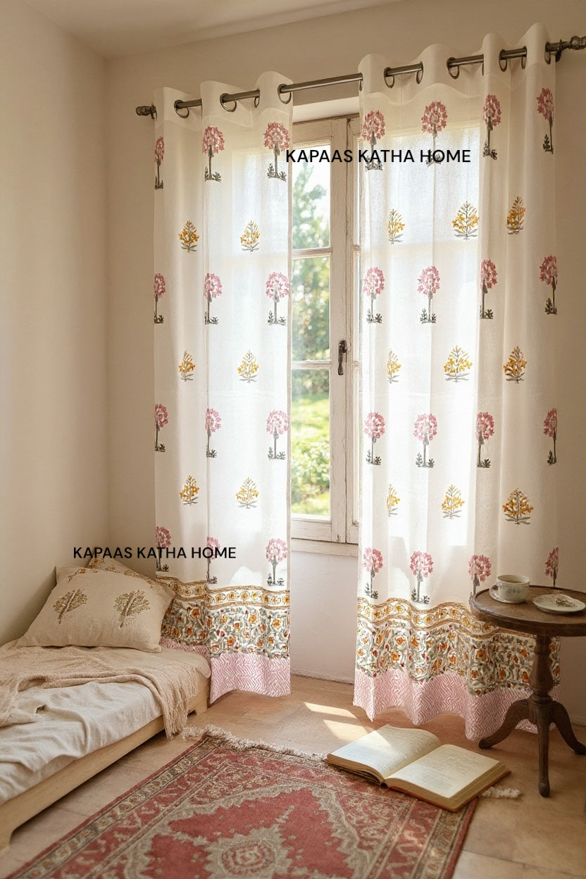 Pretty Pink Yellow Blockprint Cotton Curtain