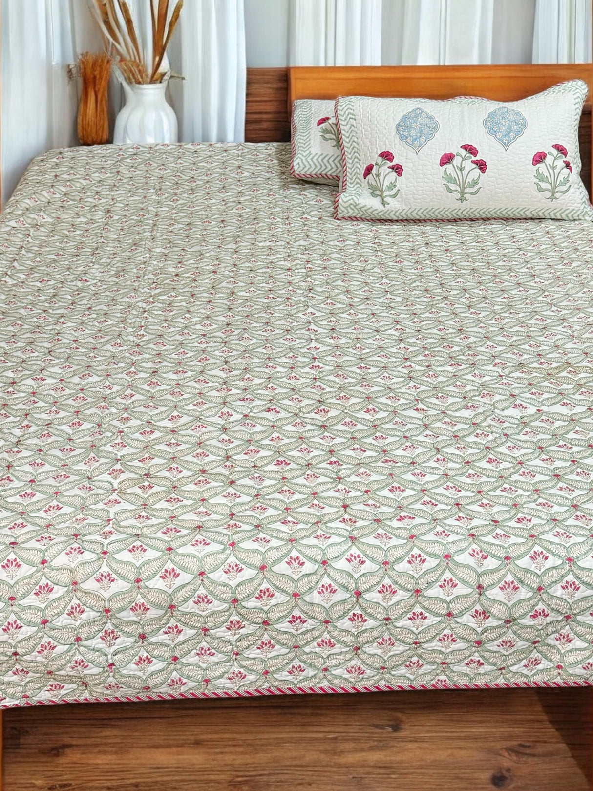 KING Size Quilted Blockprint REVERSIBLE Mulmul Bedcover (108*108 inches)