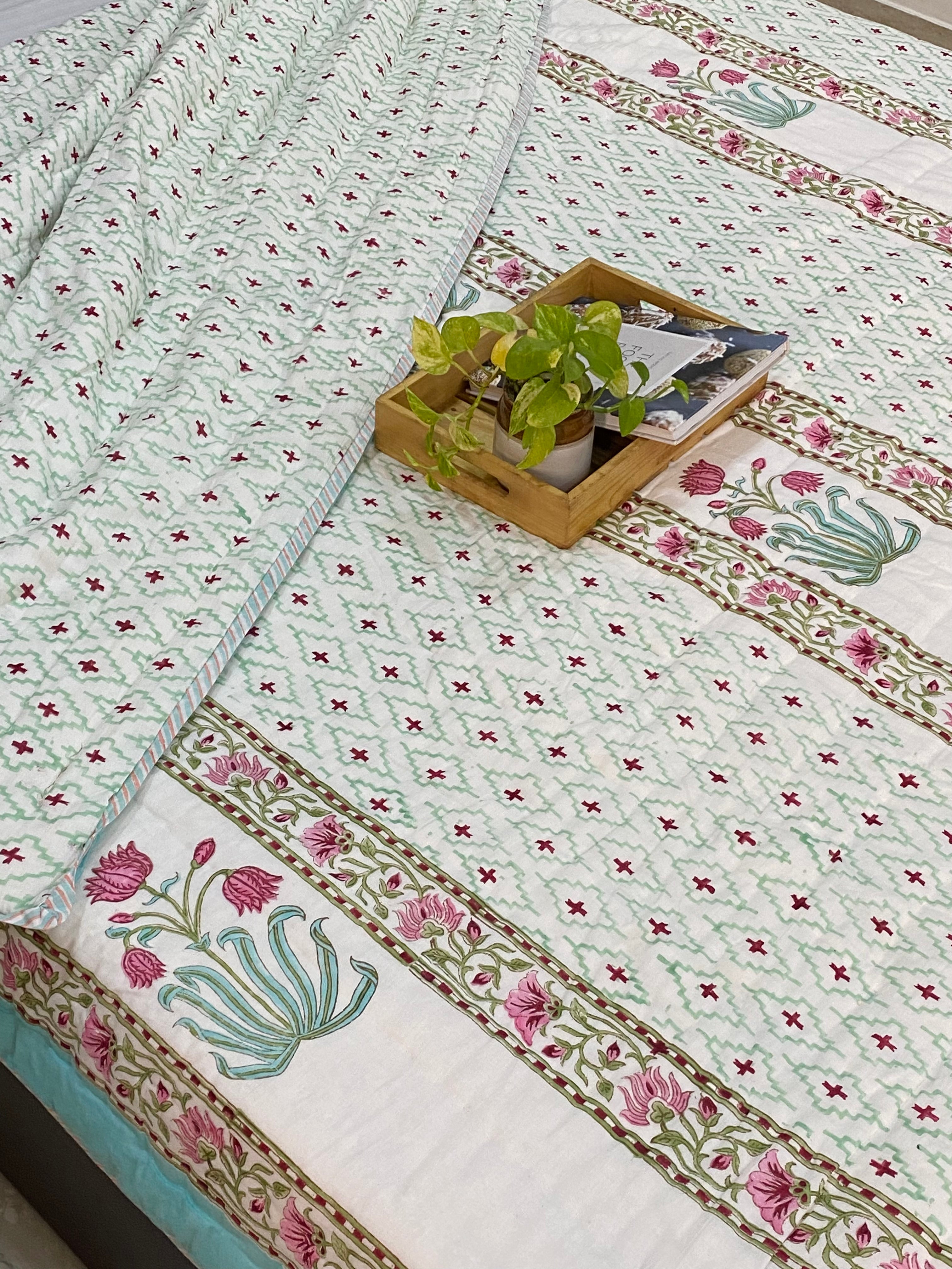 Blockprint Mulmul Reversible Quilt- King Size (108*108 inches)