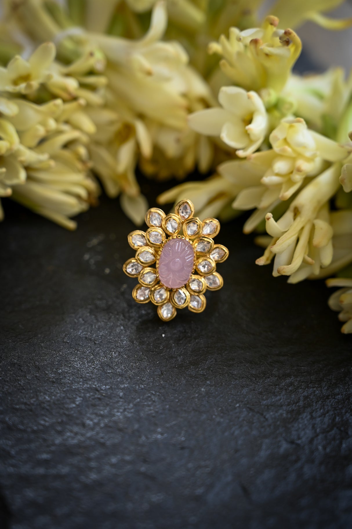 Handcrafted Adjustable 92.5 Silver Ring with Moissanite polki and Carved Pink Strawberry Bead