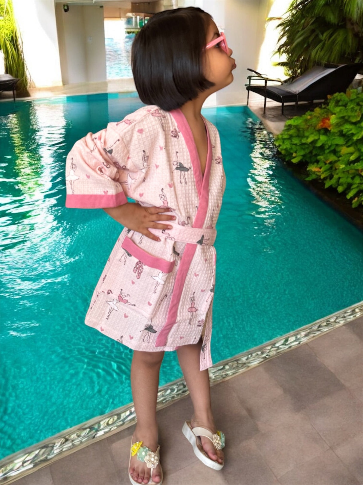 Pink Ballerina Kids Bathrobe-Cotton Waffle Blockprint