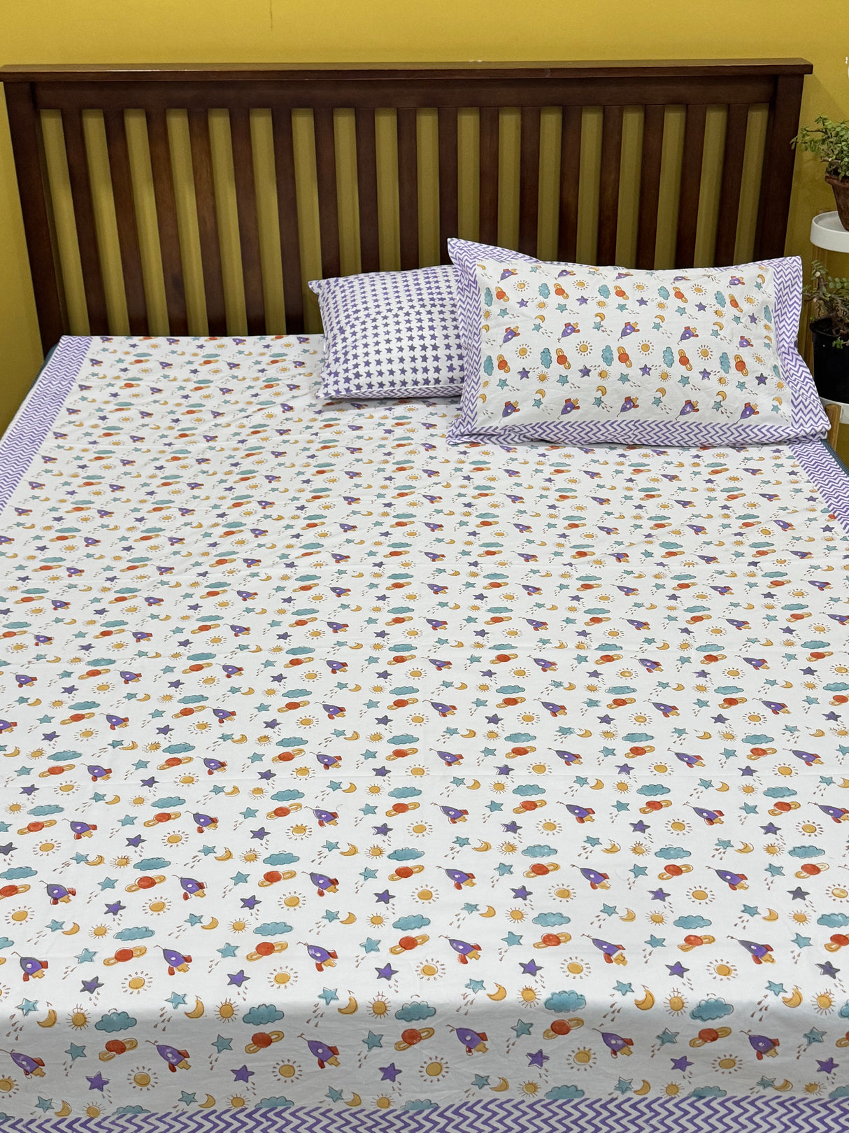 Space Theme Blockprint Cotton Bedsheet