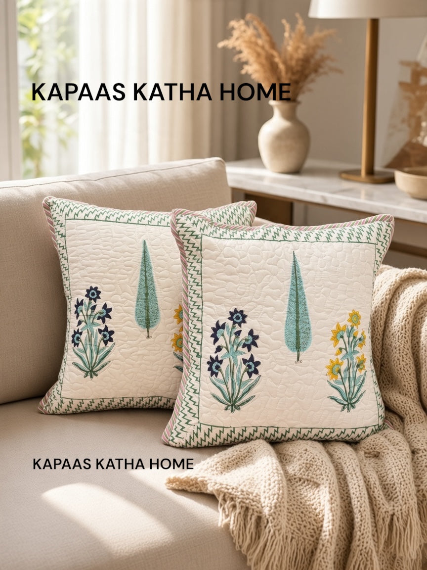 Pair of Quilted Handblock Printed Cushion Covers- 16*16 inches