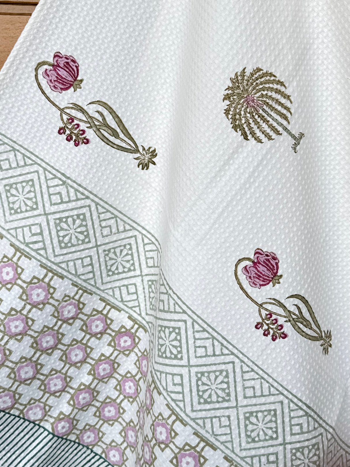 Subtle Floral Blockprint Cotton Towel- Waffle Weave