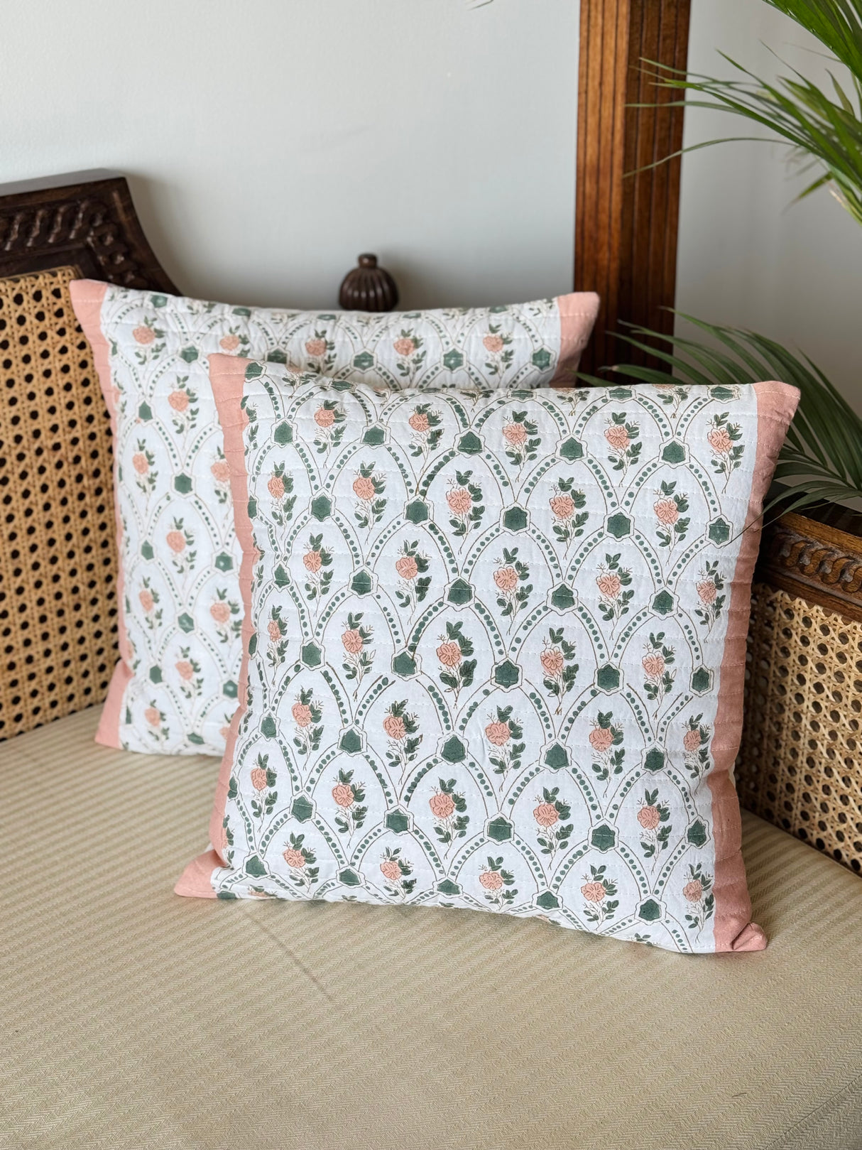 Pair of Quilted Handblock Printed Cushion Covers- 16*16 inches