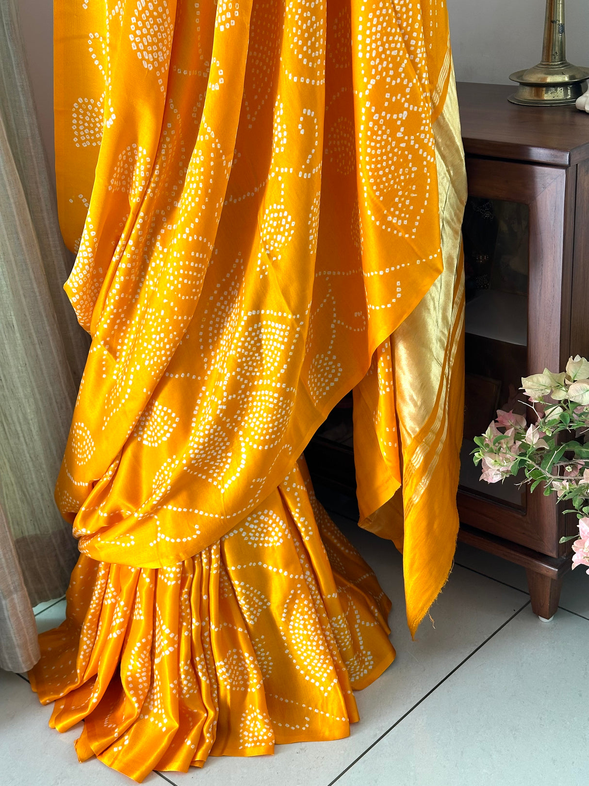 Orangish Yellow Floral Pure Gajji Silk Bandhani Saree
