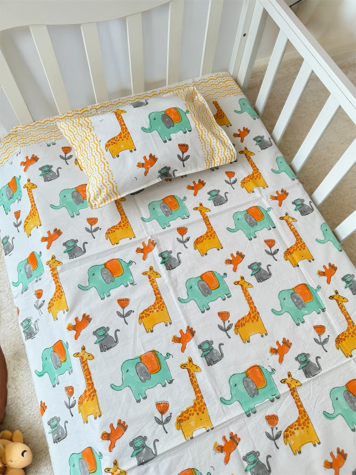 Animals Cot Set- Blockprint (1 quilt, 1 cot sheet, 1 pillow case)