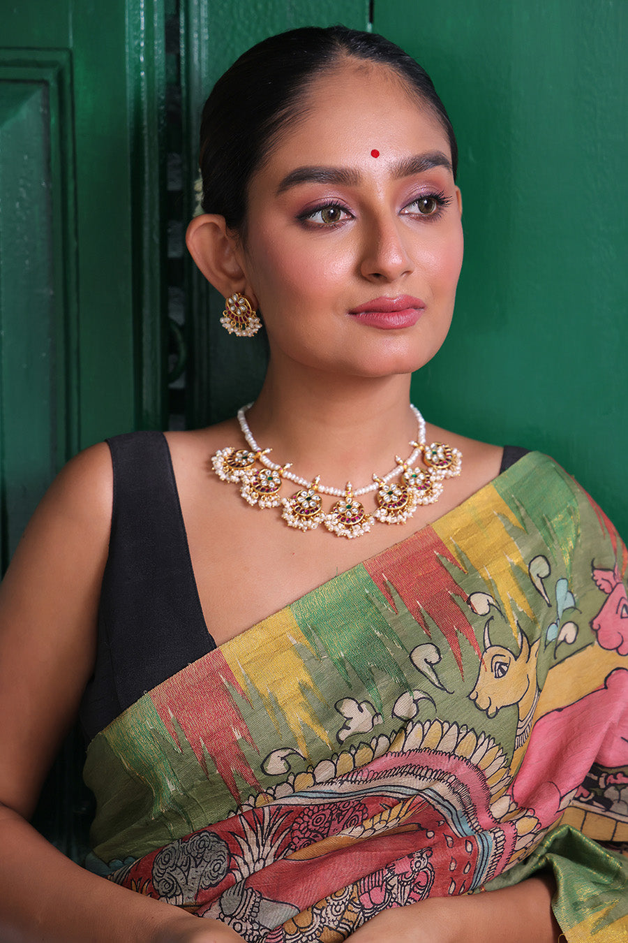 Pearl and kundan Small Guttapasallu Necklace and Earrings