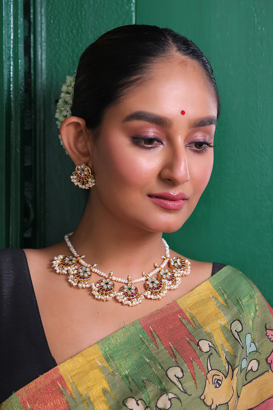 Pearl and kundan Small Guttapasallu Necklace and Earrings