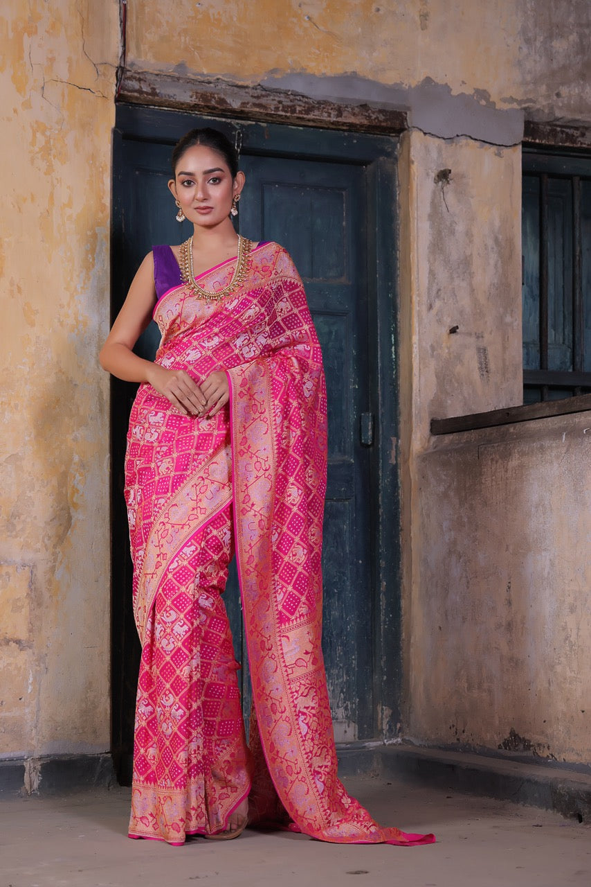 Tuscany Pink Chiffon Bandhani saree – MySilkLove