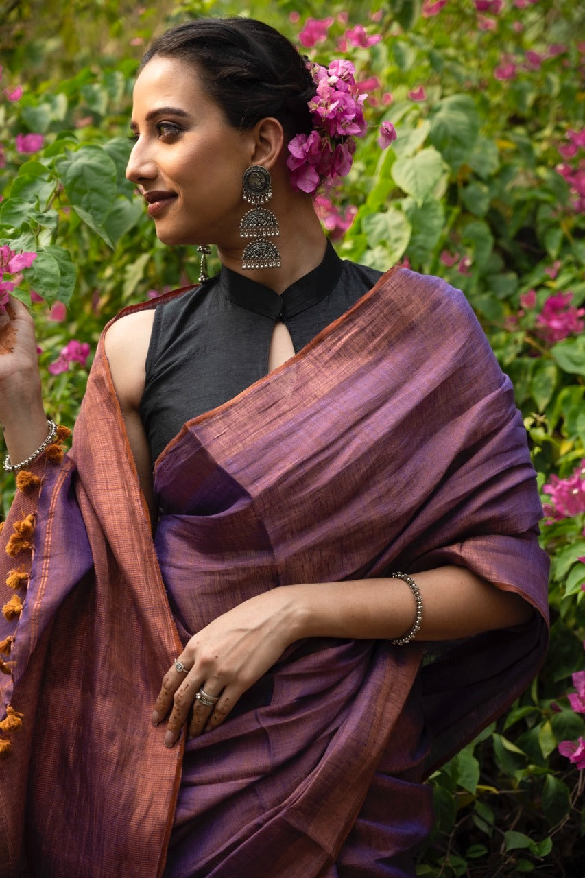 Handloom Tissue Linen Saree in Dual Shade Purple and Copper