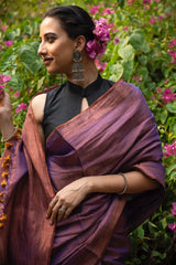 Handloom Tissue Linen Saree in Dual Shade Purple and Copper