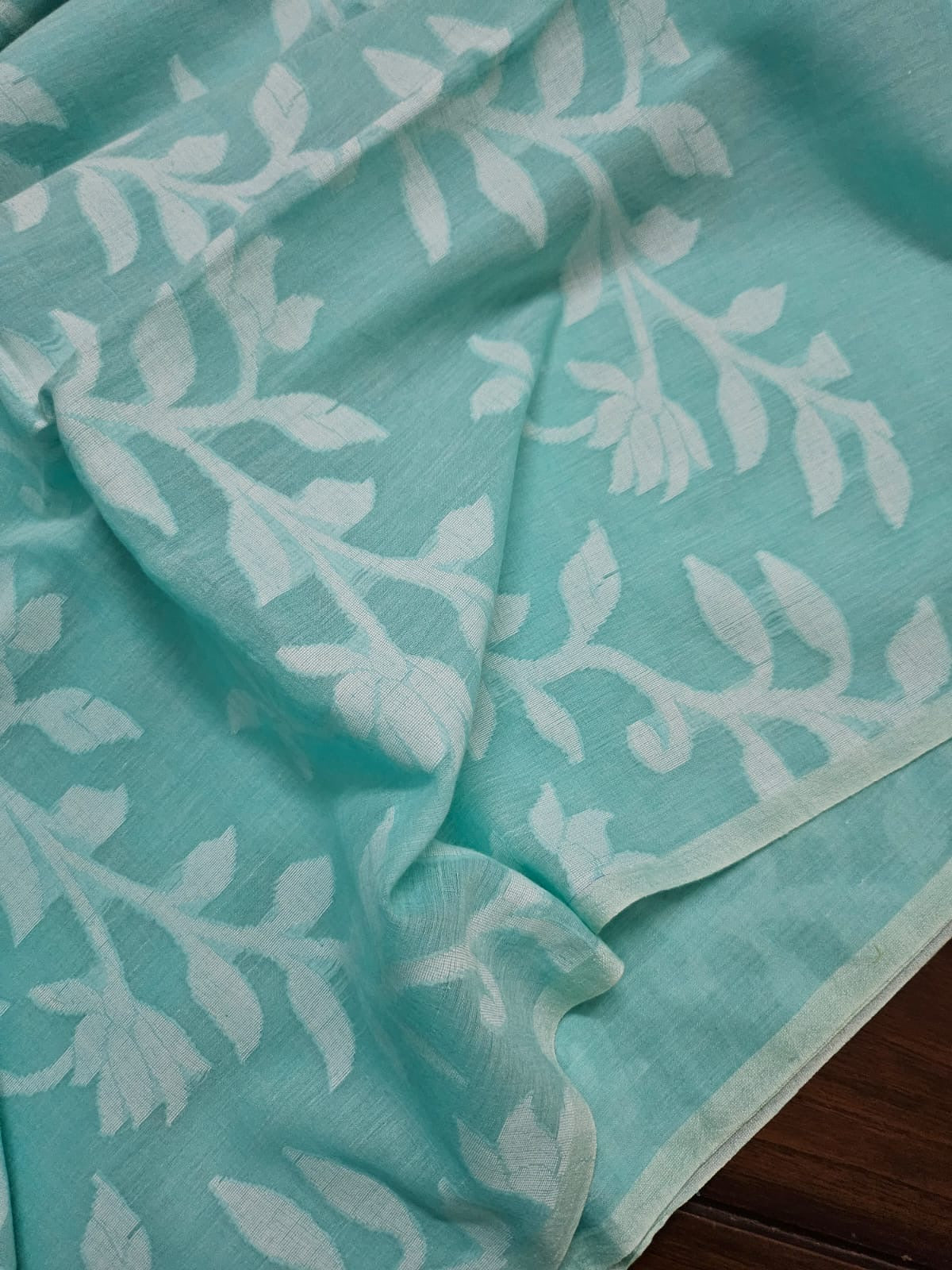 Turquoise Floral Cotton Saree made on Jacquard Loom