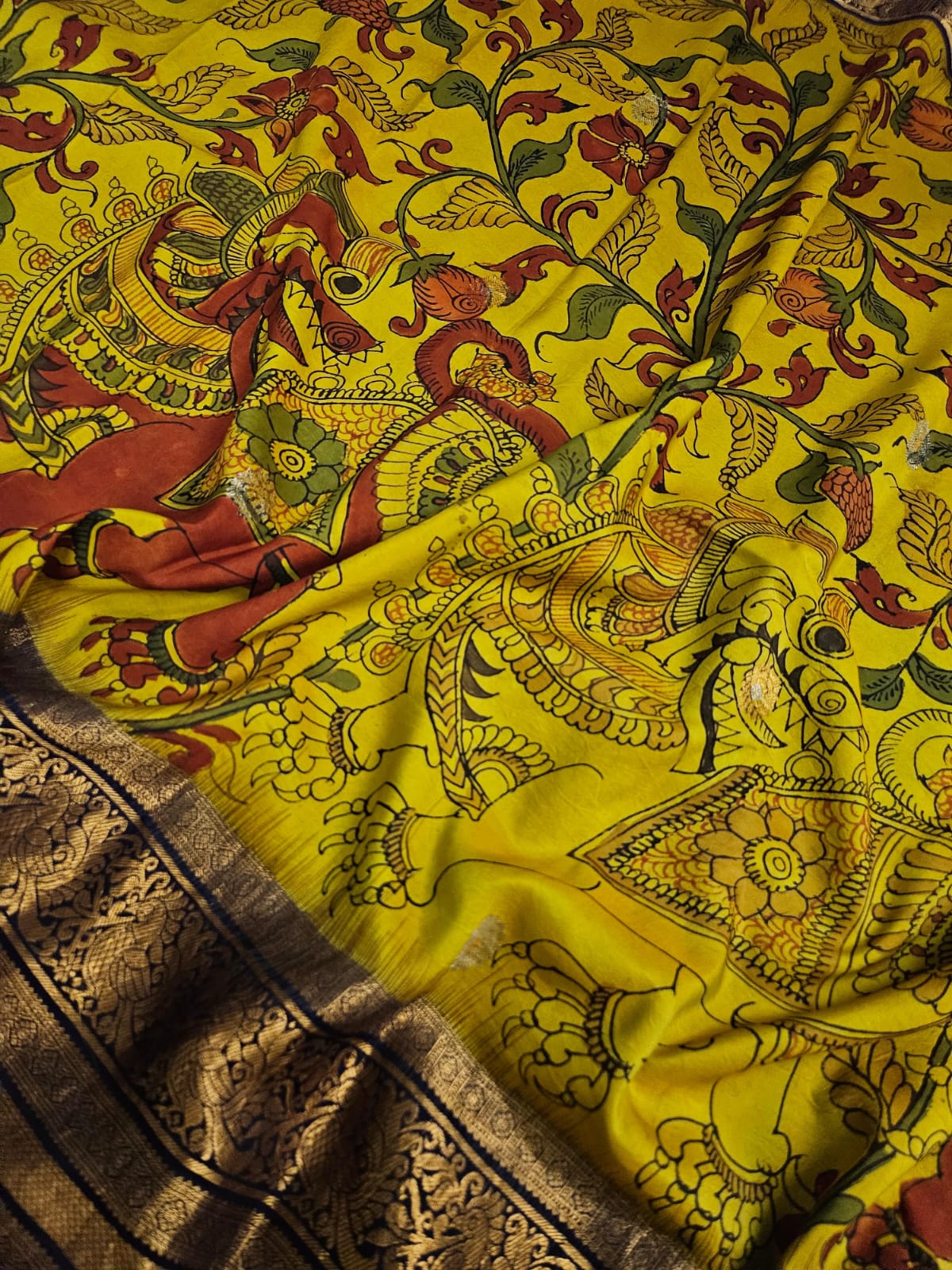 Yellow Colour Base Yali Theme Pure Silk Kanchipattu Kalamkari Saree